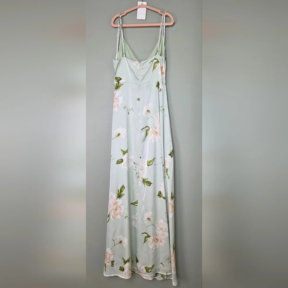 Lulus Radiant Occasion Light Green Mint Floral Satin A-Line Maxi Dress, Large